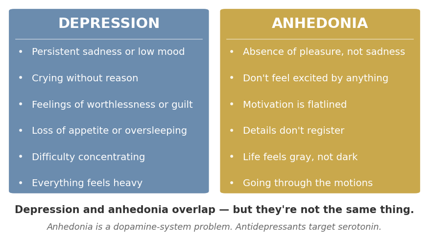 Side-by-side comparison of depression and anhedonia symptoms, showing how they differ in presentation and underlying mechanisms