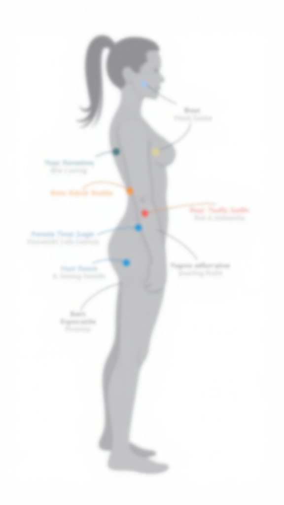Body systems map showing the broad range of functions testosterone influences in women, including brain (motivation, cognition), muscle, bone density, cardiovascular health, and metabolic function